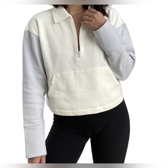 Outdoor Voices Pickup 1/4 Zip Color Block Cropped Sweatshirt Dove & Bone Size XS - Picture 1 of 8